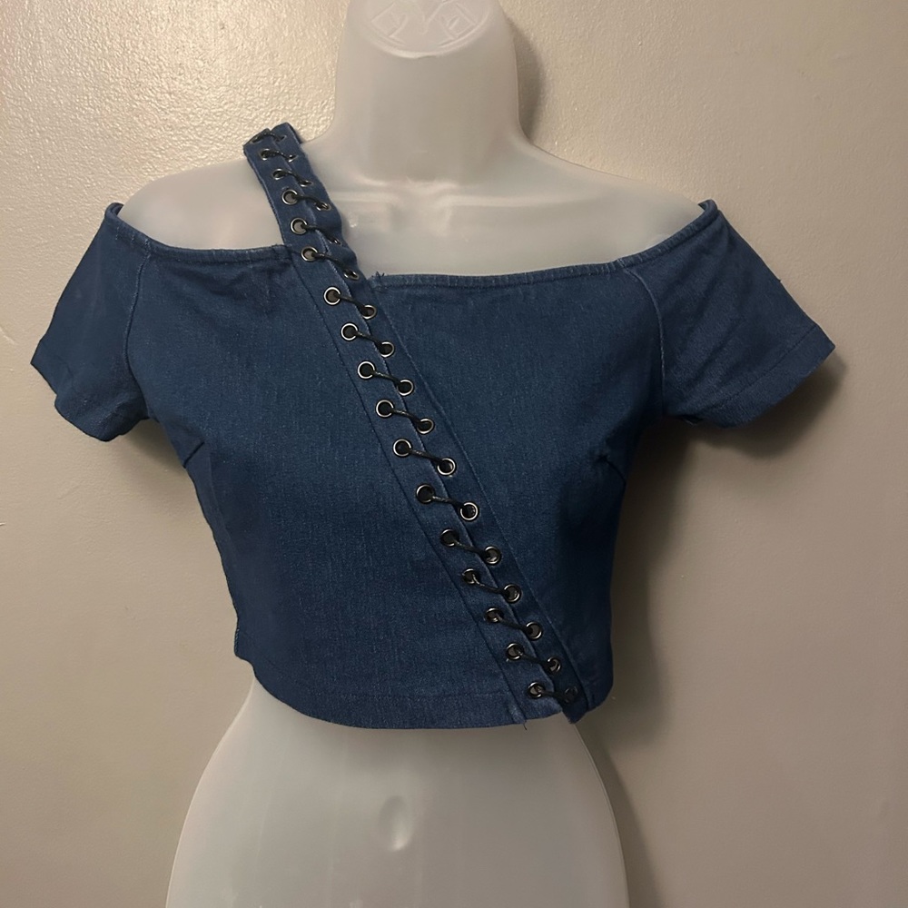 Y2K stretch denim crop top - dark blue lace up w/asymmetric strap